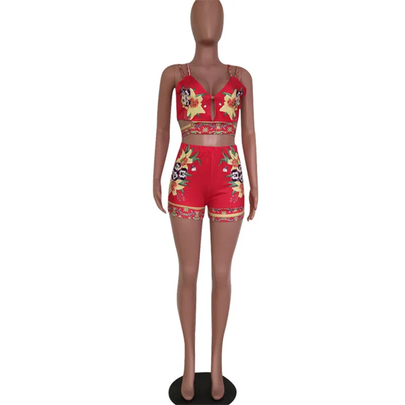 Adogirl цветочный принт женский спортивный костюм летний комплект из двух предметов выдалбливают Спагетти ремни укороченный топ+ шорты Дешевые Модные наряды