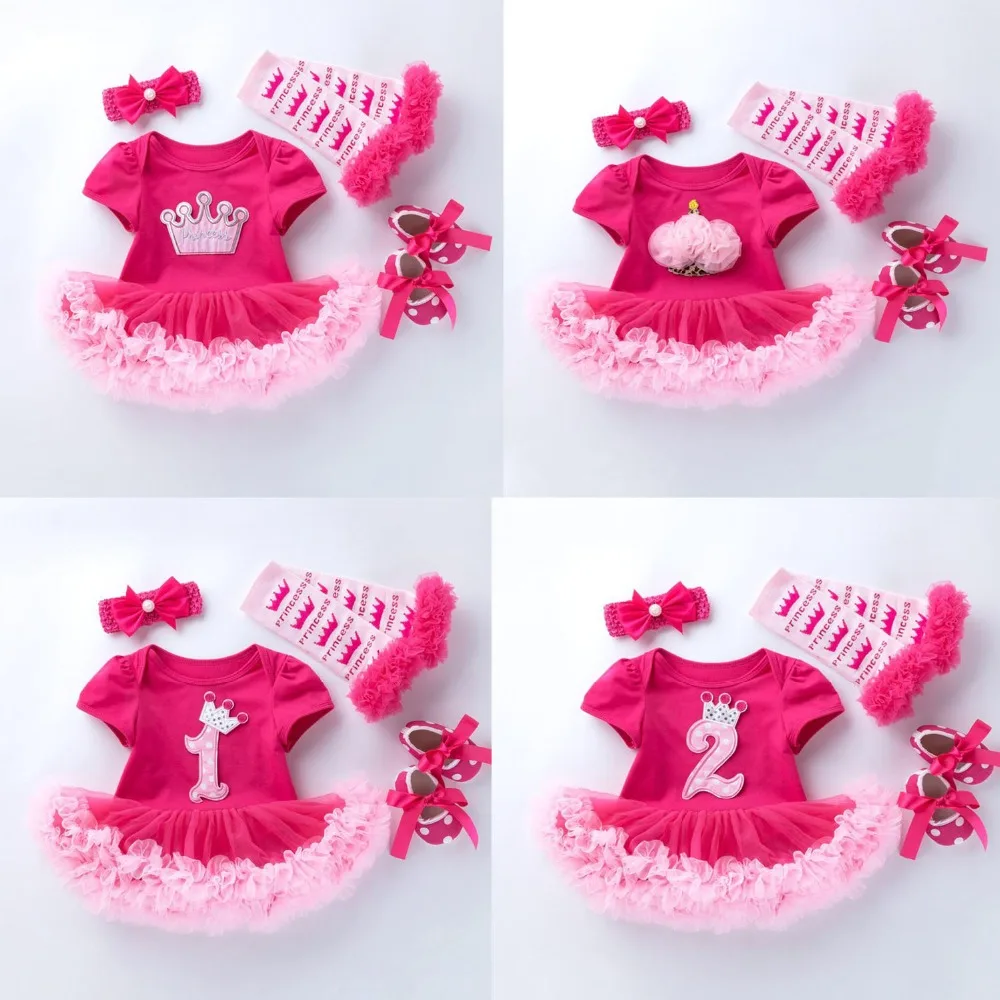 

4PCs per Set Hot Pink Sweet 1st 2nd Birthday Baby Girl Tutu Dress Princess Crown Jumpersuit Headband Shoes Leggins 0-24Months