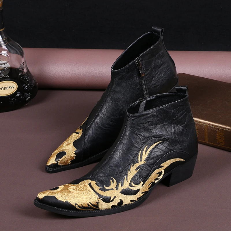 Fashion Dragon Embroidery Men Ankle Boots Genuine Leather Gold Dress Boots Cowboy Motorcycle Boots Men Formal Shoes Plus Size