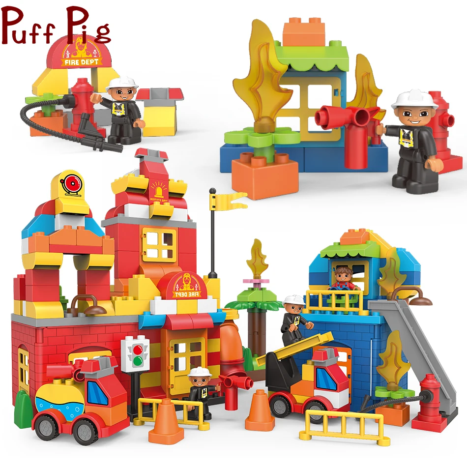 

City Fire Department Firefighter Figures Cars Big Building Blocks Comaptible Jouet Duploe Train Creative DIY Kids Toys Bricks