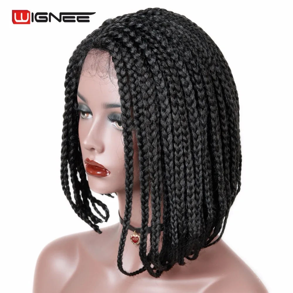 Wignee Lace Front Box Braids Synthetic Wigs With Baby Hair Pure Wignee Lace Front Box Braids Synthetic Wigs With Baby Hair Pure Color Natural Black Bob For Women Crochet Twist In None