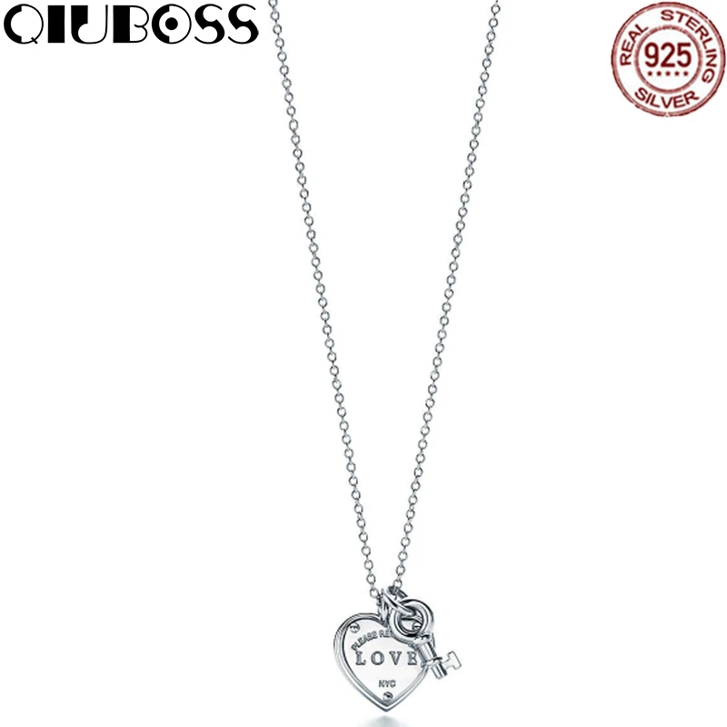 

QIUBOSS Trendy Heart & key Necklace Brand TIFF 925 Streling silver Pendant Charm Women Necklace Jewelry