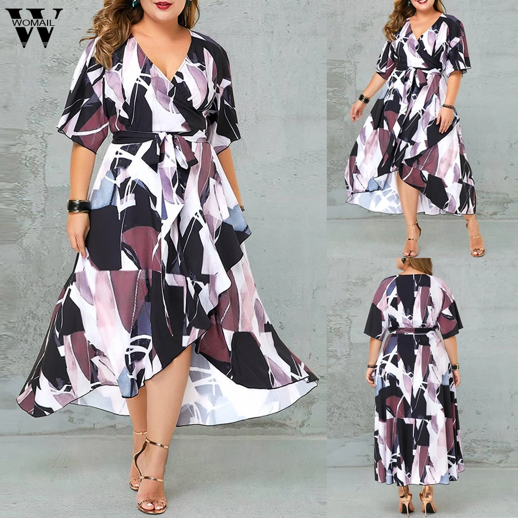 

Womail Plus Size dress Casual Asymmetrical V-Neck Print Dress Ankle-Length Empire Regular Desses beach sexy party dress XL-4XL