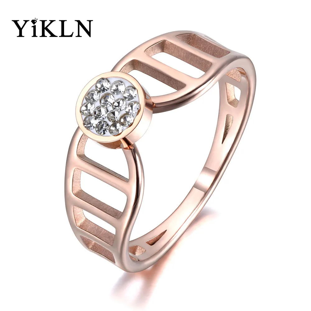 

YiKLN Fashion Rose Gold Color Anniversary Rings Jewelry Stainless Steel Rhinestone Crystal Ring For Women Girl Anneau YR19007