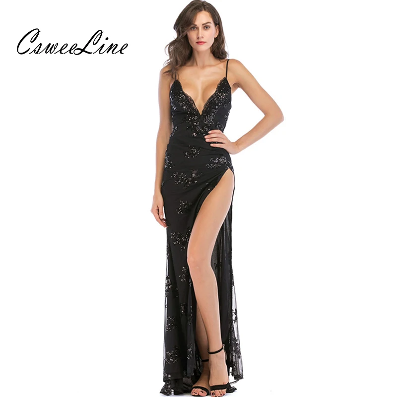 

Women Evening Party V-Neck Spaghetti Strap Sexy Maxi Dress Backless High Split Black Dress Elegant Embroidery Sequins Long Dress