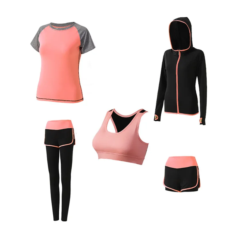 Комплект из 5 предметов,, одежда для тренировок, быстросохнущая, впитывающая пот, дышащая, высокая талия, спортивная одежда для йоги, костюм для женщин