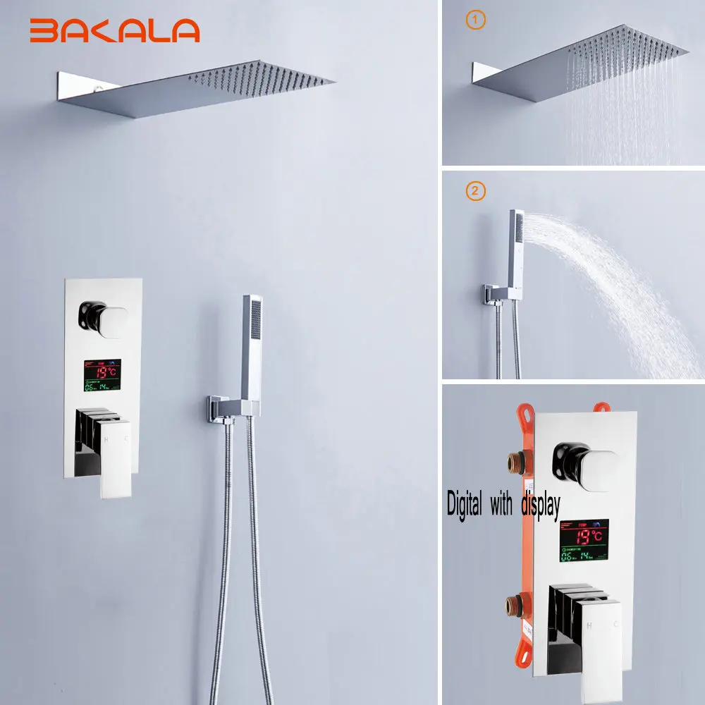 Luxury Rain Bath Combination Shower Mixer Digital Wall Mounted Stainless Steel 20" Rainfall