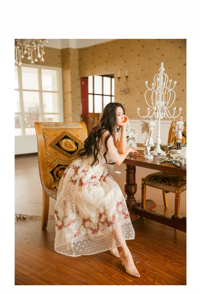 Высококачественное женское длинное платье в сеточку с вышитыми цветами, кружевное платье с коротким рукавом, милое платье в горошек, Vestidos De Fiesta