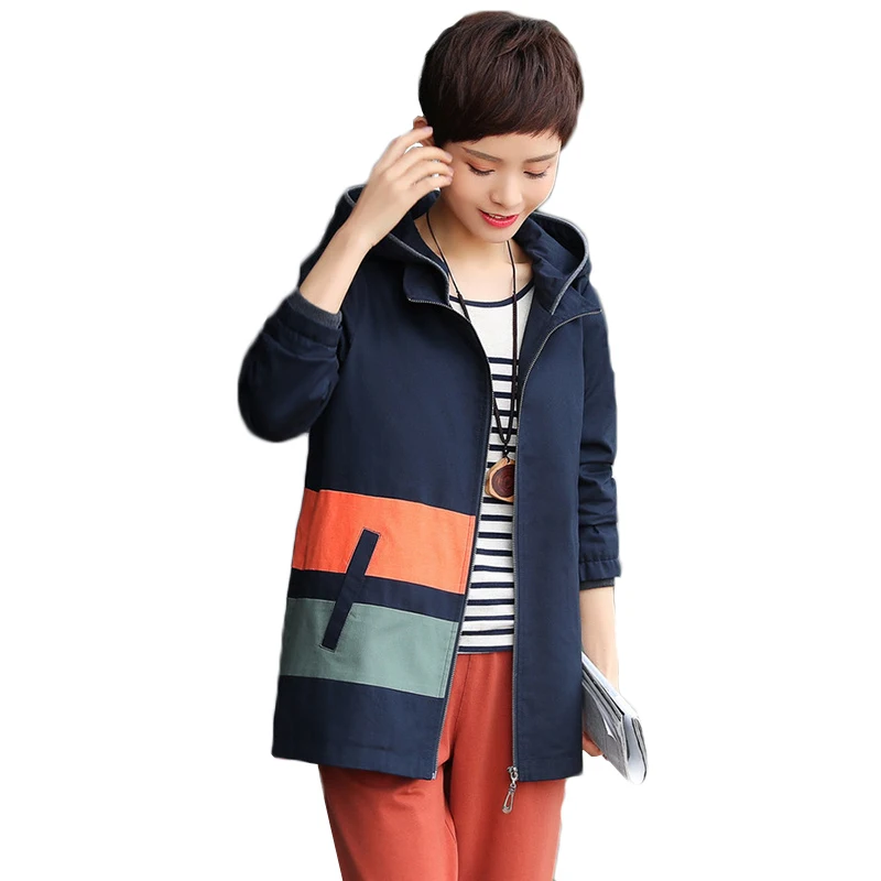 2018 Spring autumn splice trench coat womens casual hooded