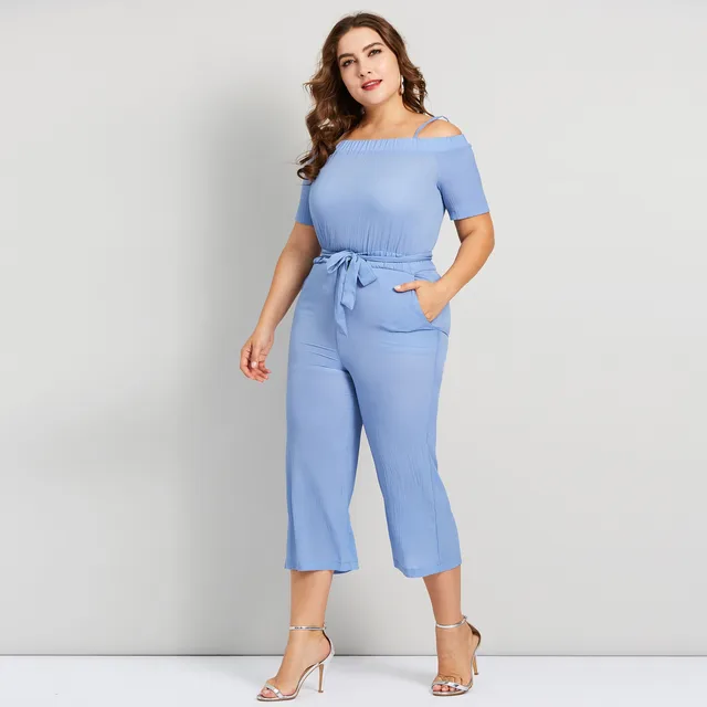 Plusee Plus Size 4XL Jumpsuit Women Lace Up Slim Slash Neck Sexy Blue ...