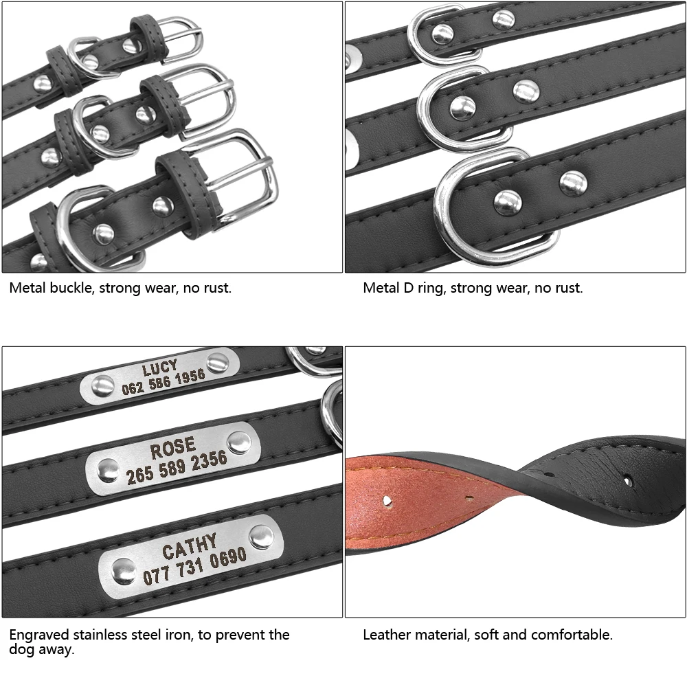 Выгравированный ошейник для собак из искусственной кожи, персонализированные ошейники для собак, кошек, удостоверений личности, табличка, регулируемая для маленьких и средних домашних животных
