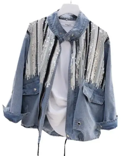 

2019 Sequins Denim Jacket Women Bomber Jacket Long Sleeves Coats Vintage Hippie Jeans Jacket Colete Feminino DC923