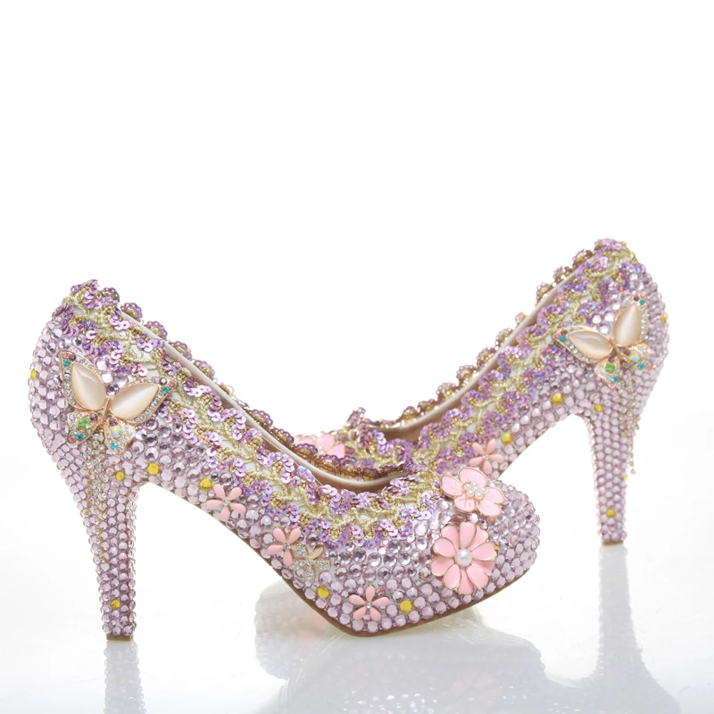 Модные туфли-лодочки на платформе розовый со стразами свадебные туфли Шикарные Свадебные туфли-лодочки со стразами на высоком каблуке Туфли для выпускного вечера