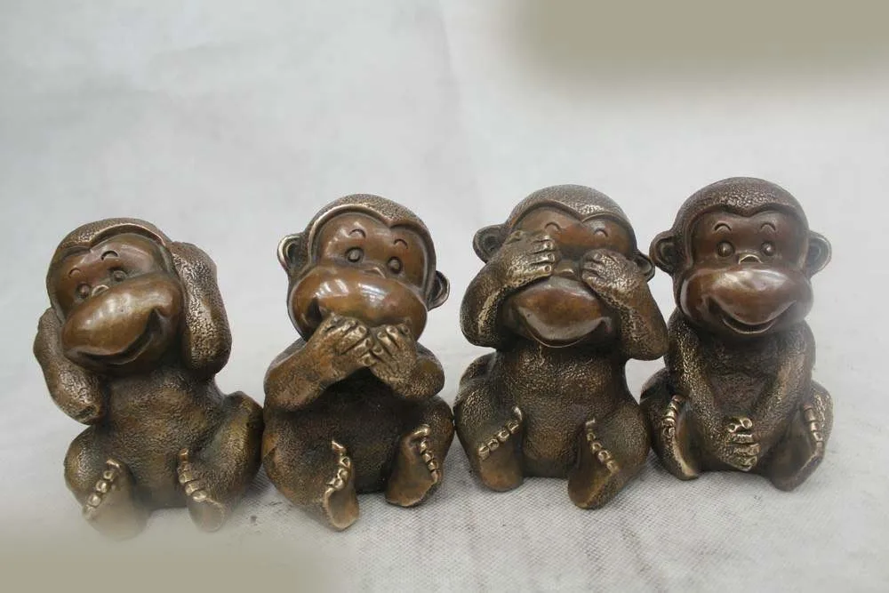 

DS 4"Chinese Folk Pure Bronze excellent Lucky Lifelike Four smileless monkey