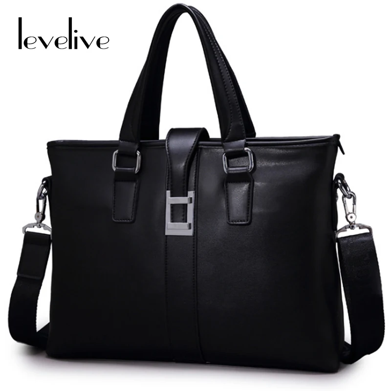 LEVELIVE Fashion Mens Designer Black Briefcases Men Leather Handbag Shoulder Messenger Bag Men's