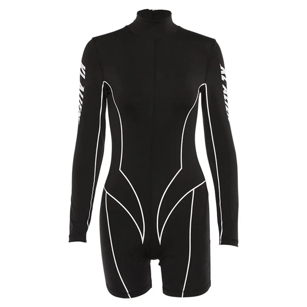 

women turtleneck full sleeve fitness playsuit striped patchwork letter print push up skinny casual bodysuit