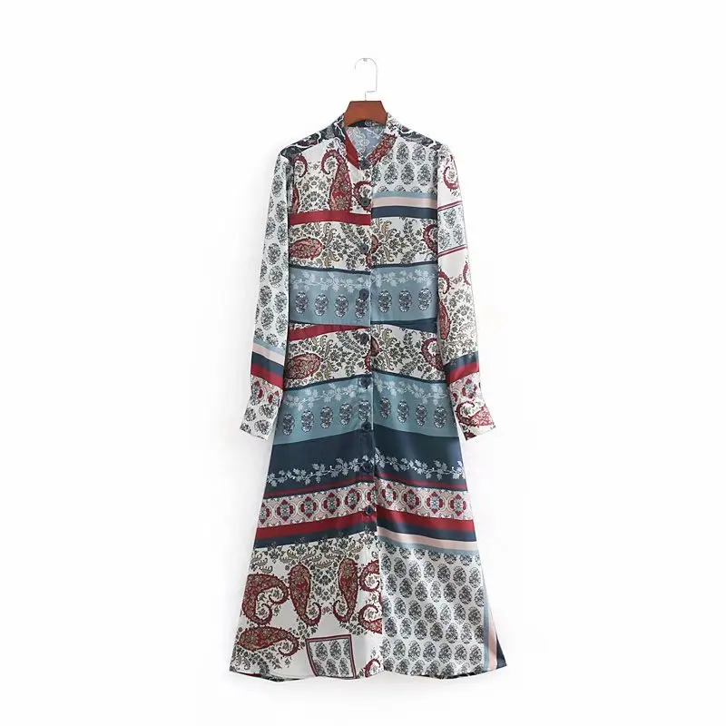 

2019 new women vintage scarf style patchwork printing casual slim midi dress female o neck buttons vestidos chic dresses DS1952