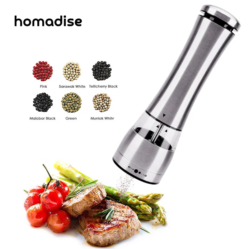 

Homadise Electric Salt Pepper Mills Grinder Spice Mill Battery Power with Adjustable Ceramic and LED Light Cooking Tool