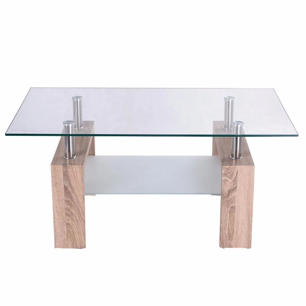  Goplus Rectangular Glass Coffee Table with Storage Shelf Modern Wood Legs Side Coffee Table Living 