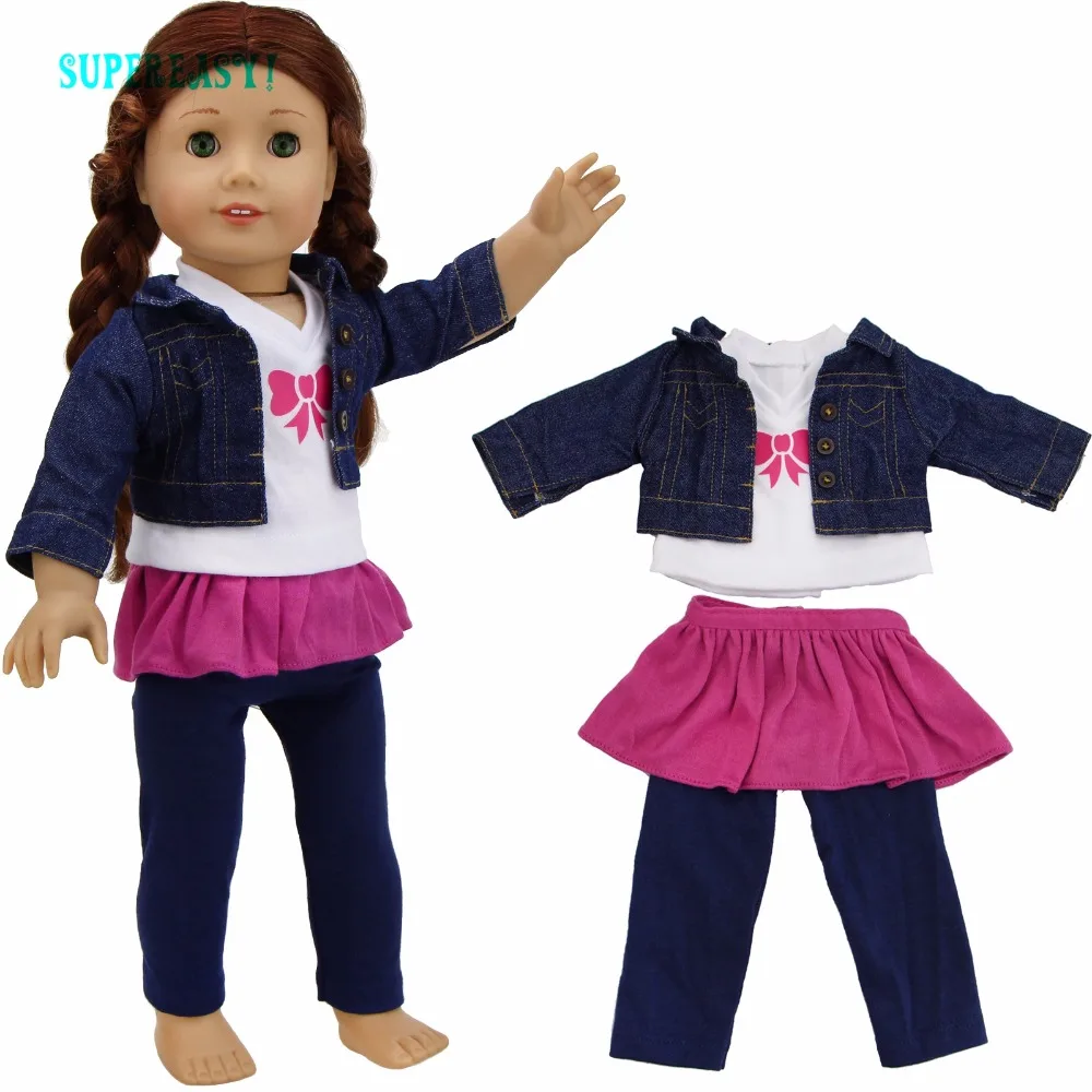 High Quality Denim Long Sleeves Jacket + T-Shirt + Mini Dress Pink Skirt + Trousers Pants Clothes For American Girl Doll Toys american-doll-clothes : image High Quality Denim Long Sleeves Jacket + T-Shirt + Mini Dress Pink Skirt + Trousers Pants Clothes For American Girl Doll Toys american-doll-clothes
