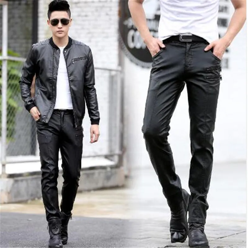 2018 Для мужчин; кожаные штаны черный Повседневное мотоциклетная куртка из искусственной кожи карандаш брюки мужские брюки 4XL 5XL