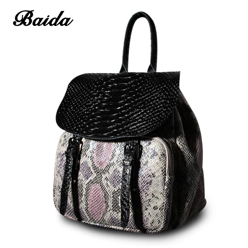 Women Genuine Real Leather Backpack Flip Bag Serpentine Satchel Bags School Travel Daily Casual Vintage Retro