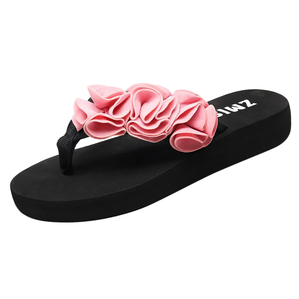 Летние туфли модные женские Вьетнамки с цветком на застежке; нескользящие пляжные шлепанцы на танкетке; pantoufles femme; Прямая поставка;# CN20 - Цвет: Pink