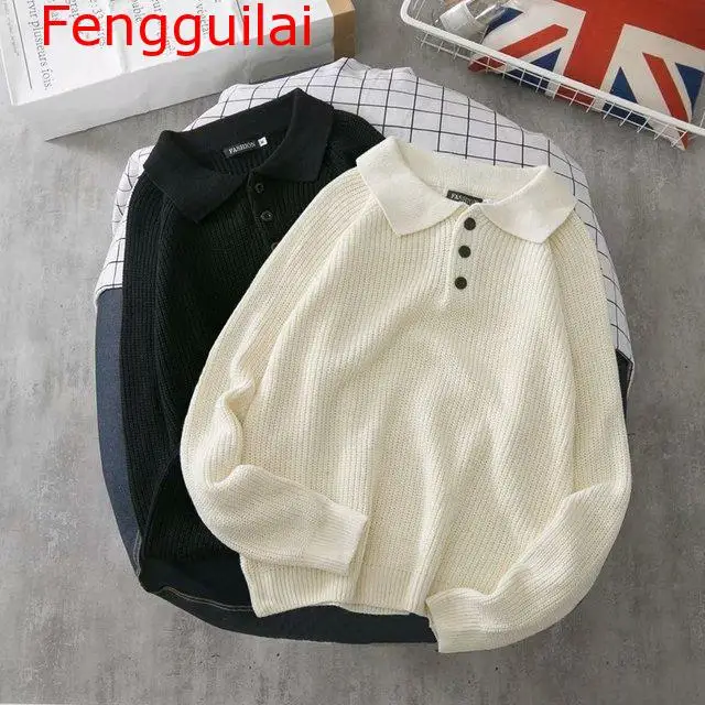 

Fengguilai Sweaters Men Turn-down Collar Solid Simple All-match Korean Style Daily Soft Warm Knitting Sweater Mens Loose Trendy