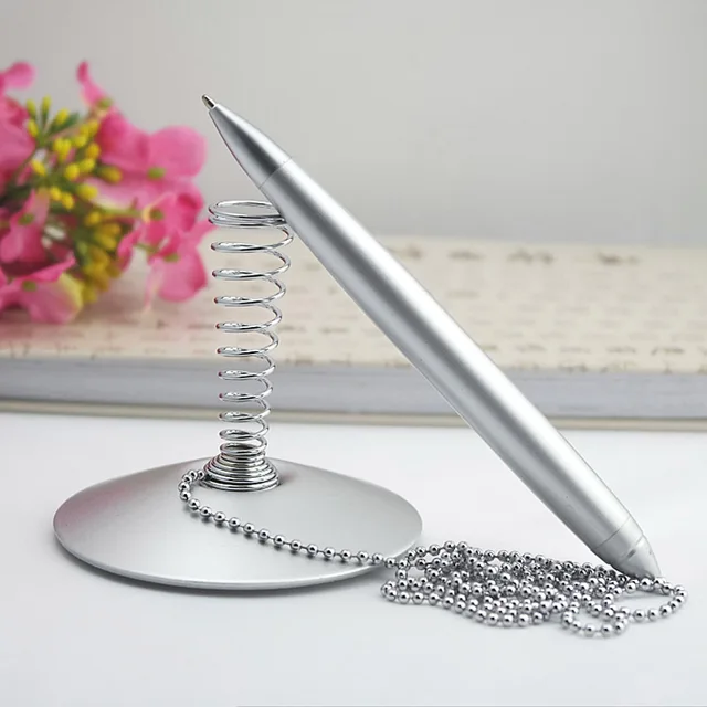 Receipt Desk Metal Ballpoint Pen with Chain Pen Spring Stand Holder