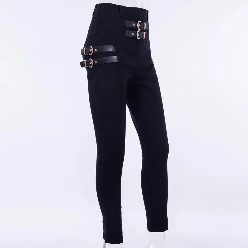 Модные уличные узкие брюки из искусственной кожи с высокой талией и поясом в стиле панк, повседневные уличные женские брюки в готическом стиле