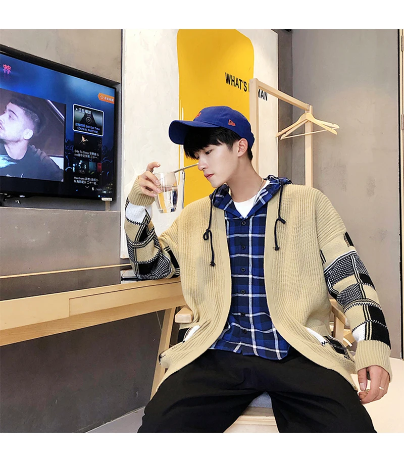 Korean Oversized Sweater Cardigan Men Plaid  (7)