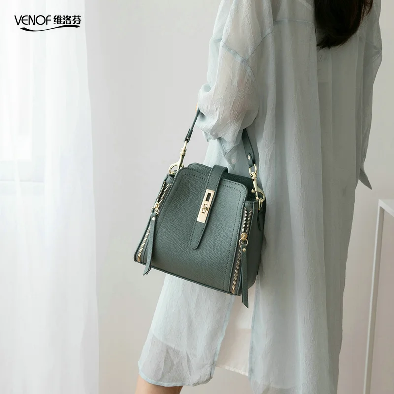 

VENOF fasion genuine leather bucket bags for women Shoulder crossbody bag female messenger bags elegant ladies handbags for 2019