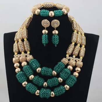 

Splendid Teal Green Women Gold Jewelry Set Wedding African Beads Jewelry Set Statement Necklace Set Free Shipping WD811