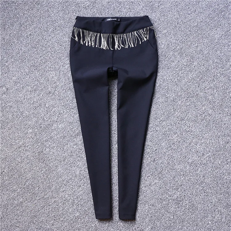 

European 2019 spring new fashion tassel chain black Slim pencil pants wild elastic casual pants