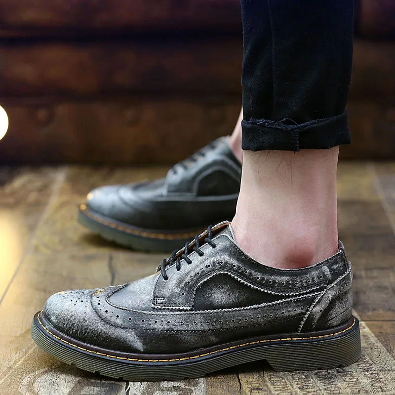 LebaLuka/мужская повседневная обувь с перфорацией типа «броги» из натуральной кожи обувь на плоской подошве с круглым носком на шнуровке Повседневная Клубная обувь для отдыха мужская обувь, размер 38-44