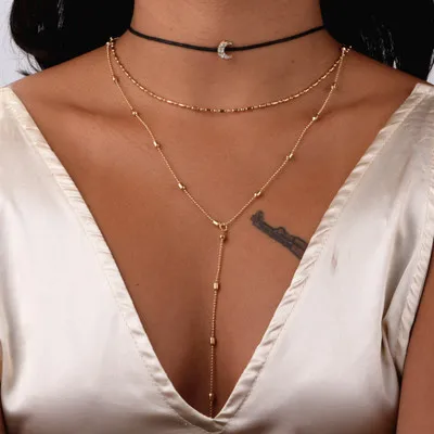 Fashion gold beaded chain leather Moon pendant Multilayer Necklace for women hzl0003 |