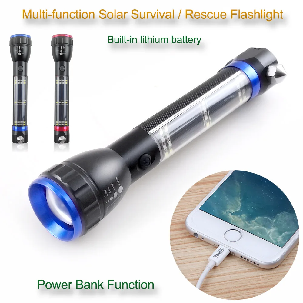 

CREE XM-L T6 Multi-Function Solar and USB Charge Focusable Flashlight with Safety Hammer Rope Cutter and Magnet Survival Tool