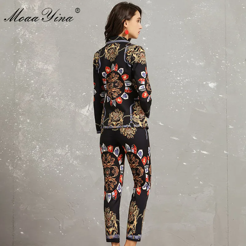 Модный дизайнерский комплект moaayina, весна-осень, женский элегантный костюм с длинным рукавом в винтажном стиле с принтом, топы+ 3/4 брюки-карандаш, костюм из двух предметов