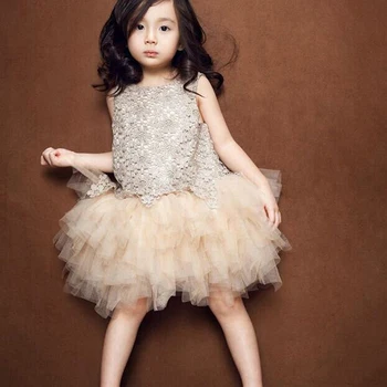 

2016 Summer Lace Sequin Girl Dress Tutu Sleeveless Robe Fille Enfant Champagne Princess Kid Dresses Wedding Party Vestidos TZ56