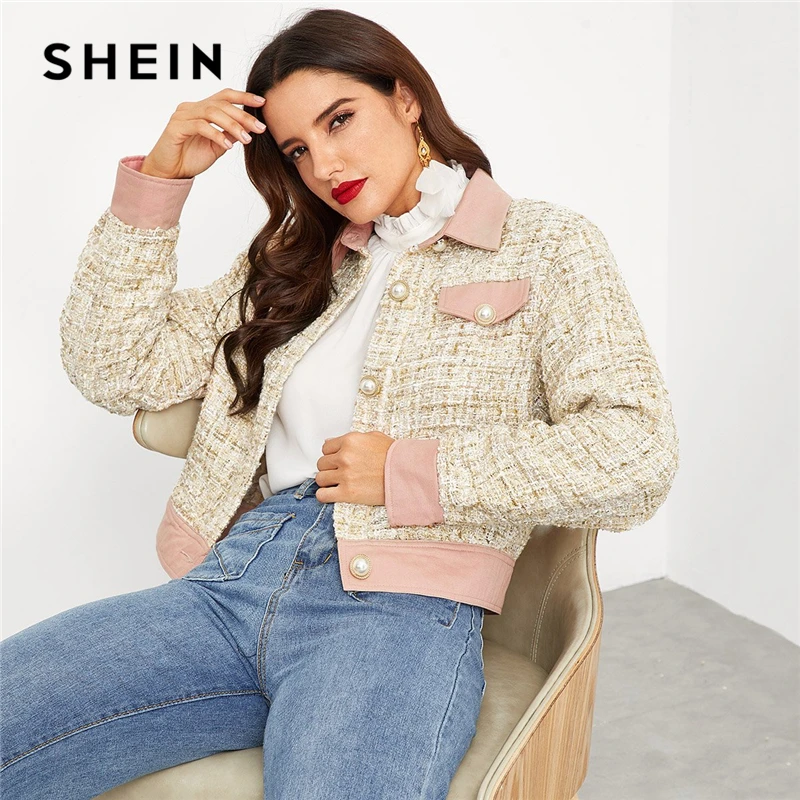 SHEIN Apricot Office Lady Elegant Pocket Contrast Hem Stand Collar