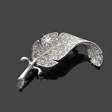 Wholsale Fashion Loved Clothes Sweater Accessories Simple Delicate Crystal Brooches Silver Colored Feather Shape Brooch pins