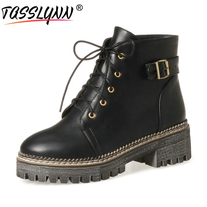 

TASSLYNN 2018 Women Boots Chunky PU Lace Up Autumn Shoes Square Low Heels Buckle Round Toe Martin Ankle Boots Women Shoes 34-39