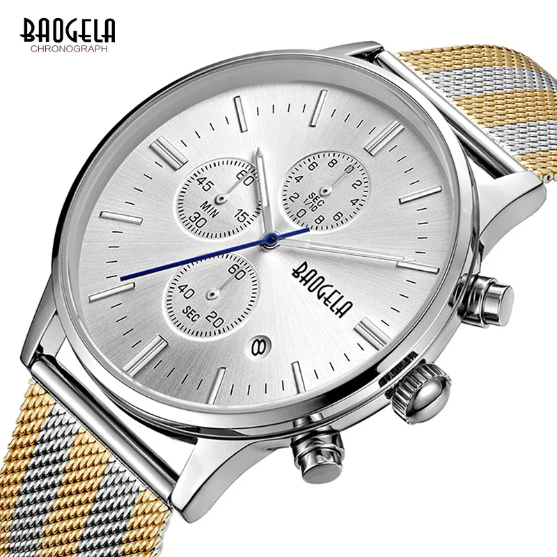 BAOGELA сетка Группа Сталь наручные часы для Для мужчин Chronograph Classic секундомер