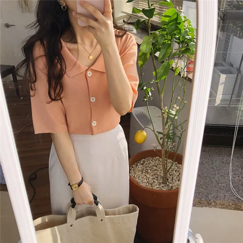 HziriP جديد كوريا أنيقة الصيف بسيطة النساء خمر عارضة طويلة الأكمام الرجعية مثير السيدات مزدوجة الصدر أنيقة الأحمر قميص