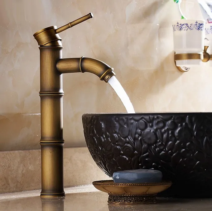 

Vintage Antique Brass Bamboo Style Single Handle Bathroom Vessel Sink Mixer Tap Faucet Can035