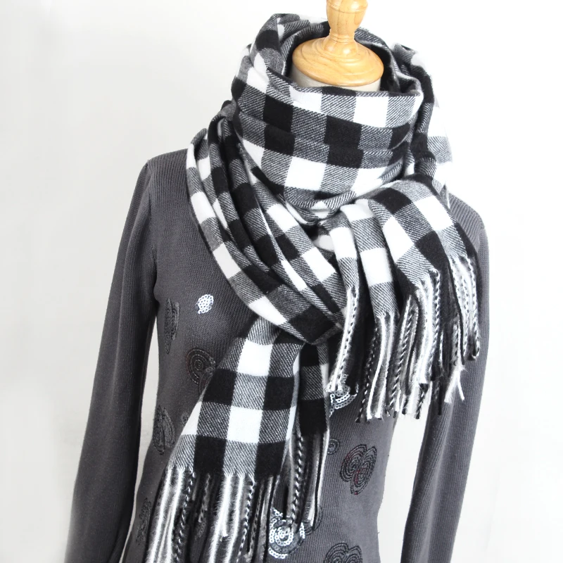 

Women Black Grid Stripe Pashmina Cashmere Scarf Winter Warm Fine Tassels Scarf Oversize Shawl Fashion Shawl Scarves YR010