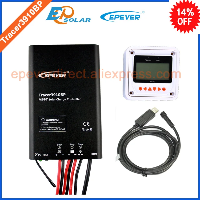 

MPPT solar regulator Tracer3910BP for 12v 195w 24v 390w solar panel system use 15A 15amp with MT50 meter and USB cable connect