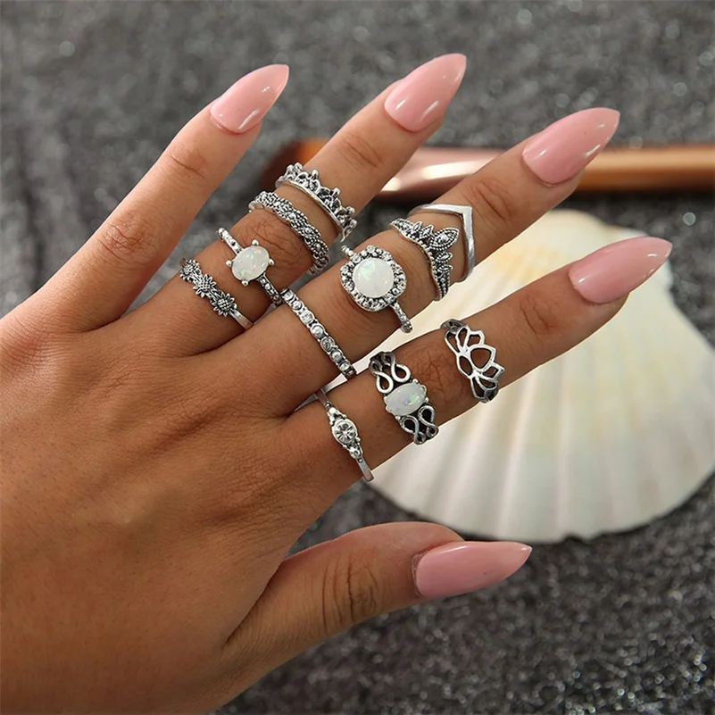 11 Pcs/set Bohemian Retro Opal Lotus Crystal Wave Silver Ring Set Women Party Charm Jewelry Accessories - Цвет основного камня: Silver