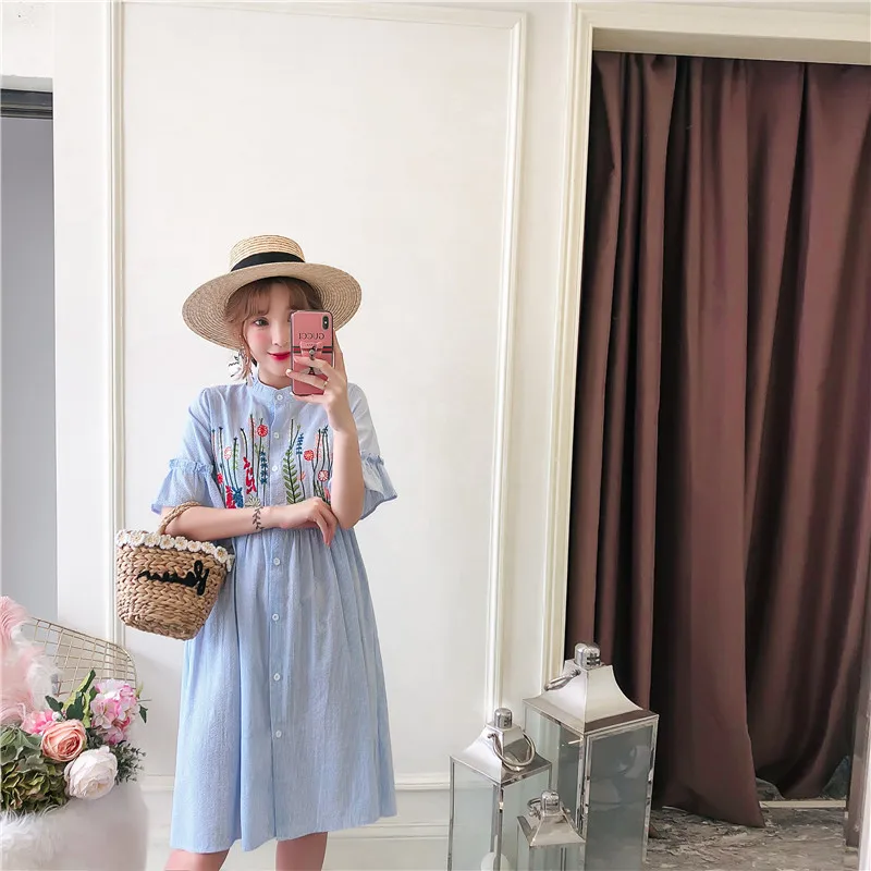 Womens Blue Flower Embroidered Dresses 2019 New Fashion Women Short Sleeve Summer Dress XL-5XL Cotton Vintage Vestidos Beach Womens Blue Flower Embroidered Dresses 2019 New Fashion Women Short Sleeve Summer Dress XL-5XL Cotton Vintage Vestidos Beach