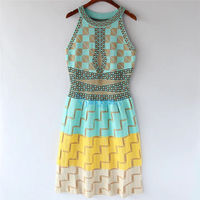 

2019 Summer Ice Silk Temperament Ladies Vacation Hit Color Geometric Lattice Hanging Neck Sleeveless Vest Strap Knit Dress